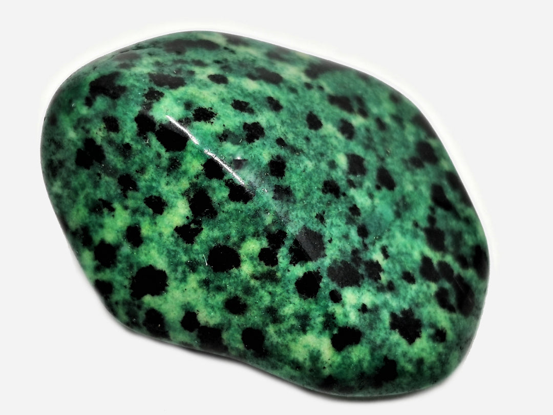 JASPE DALMATIEN VERT - polieLe jaspe dalmatien vert est une pierre qui protège des dangers et connecte l’énergie physique et spirituelle. Il apporte bonheur, sang-froid et favorise l’apprentissage et l’accomplissement des objectifs. Il recentre les corps