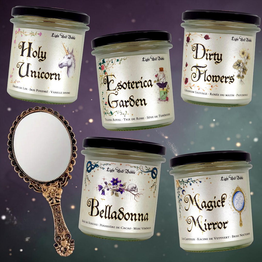Coffret Primavera Magica avec 5 bougies parfumées Holy Unicorn, Esoterica Garden, Dirty Flowers, Belladonna, Magick Mirror et miroir vintage à main sur fond magique
